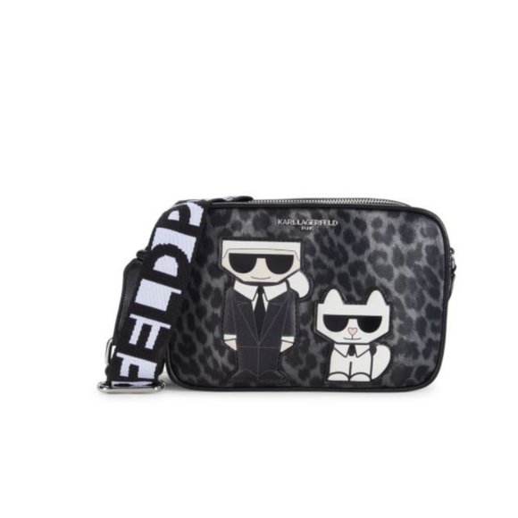 KARL LAGERFELD MAYBELLE BLACK GREY LEOPARD CAMERA CROSSBODY BAG W AIRPOD CASE - Picture 1 of 10